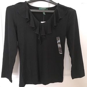 Ralph Lauren Stretch V Neck Ruffle Top Black